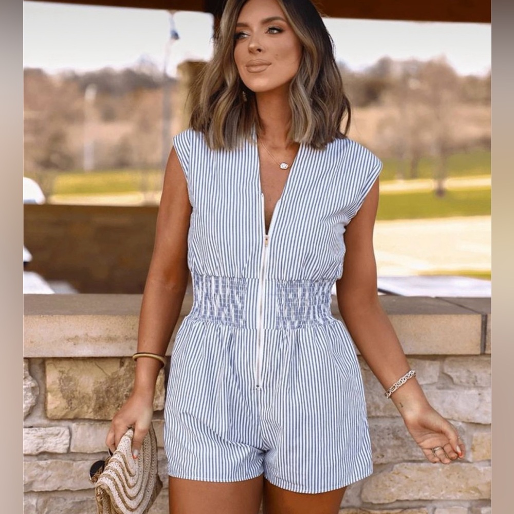 She + Sky Navy Blue White Striped Romper Medium